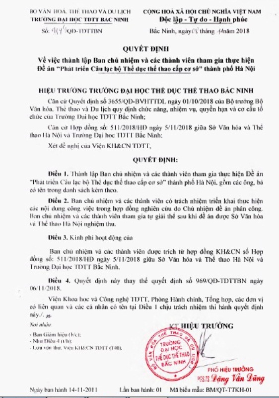 Quyết định về việc thành lập ban chủ nhiệm và các thành viên tham gia thực hiện Đề án “Phát triểnCâu lạc bộ Thể dục thể thao cấp cơ sở” Thành phố Hà Nội