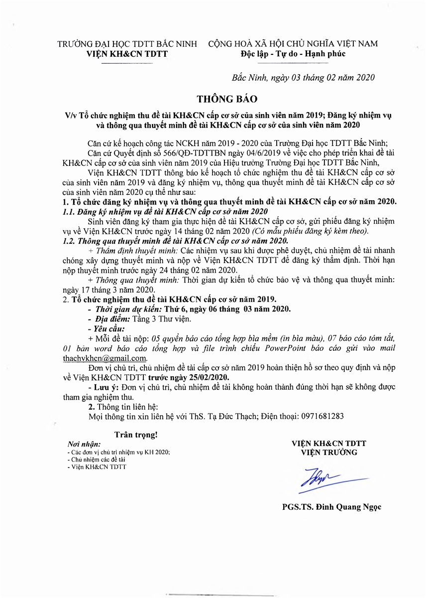 Thông báo tổ chức nghiệm thu đề tài KH&CN CS cấp sinh viên 2019; Đăng ký nhiệm vụ và thông qua thuyết minh đề tài KH&CN cấp CS sinh viên năm 2020