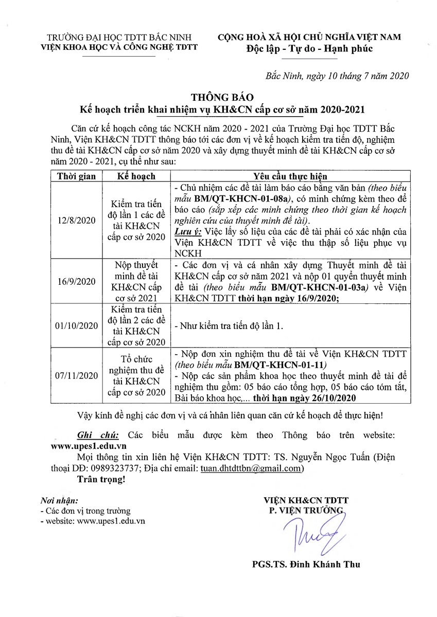 Thông báo kế hoạch triển khai nhiệm vụ KH&CN cấp sơ sở năm 2020-2021