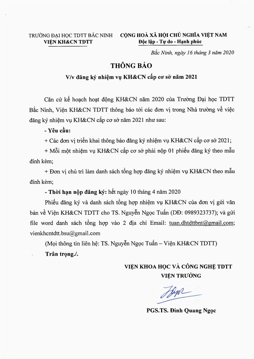 Thông báo về việc đăng ký nhiệm vụ KH&CN cấp cơ sở năm 2021