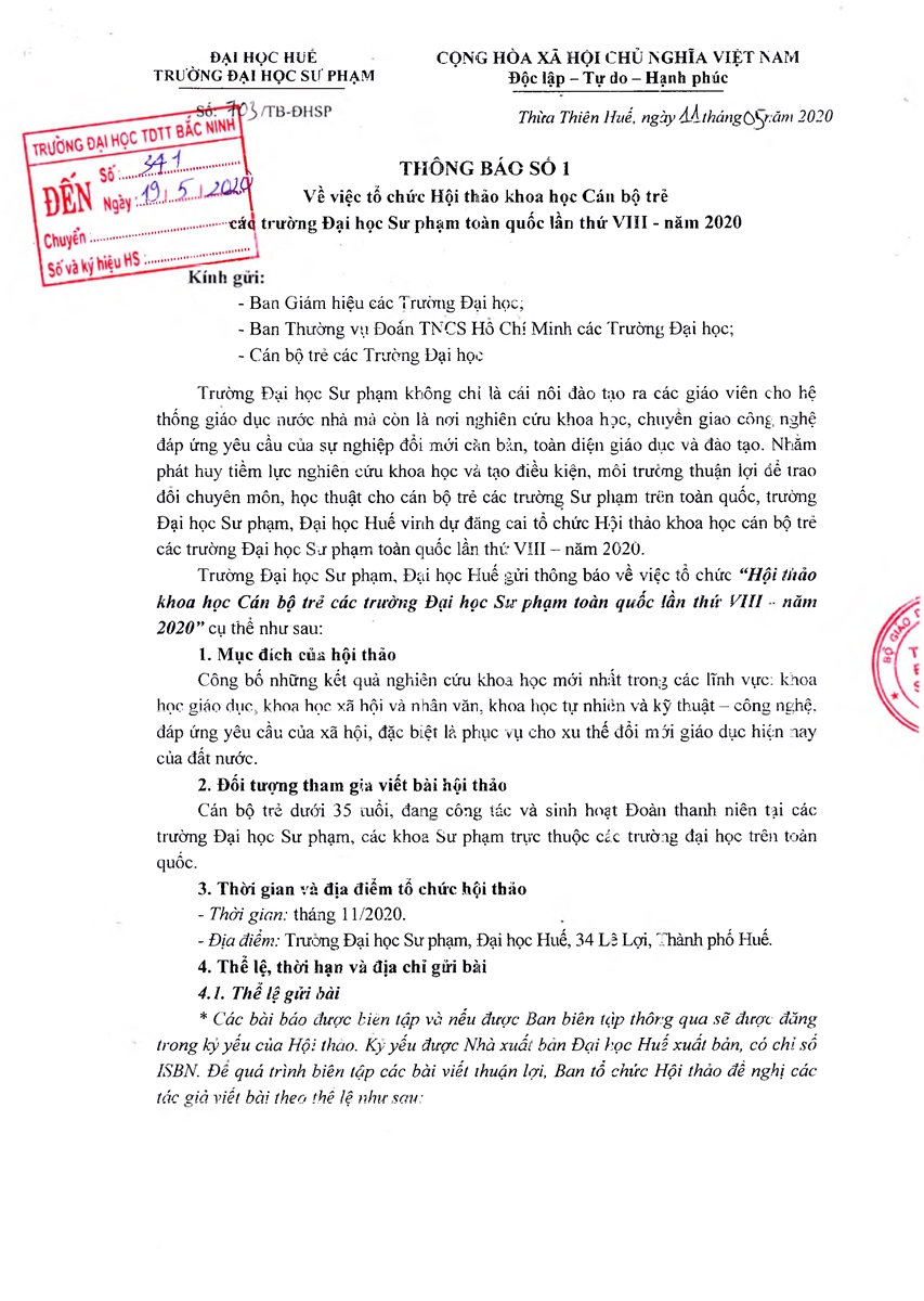 Thông báo về việc gửi bài đăng Hội thảo khoa học Cán bộ trẻ các trường Đại học Sư phạm toàn quốc lần thứ VIII – năm 2020, Đại học Sư phạm Huế