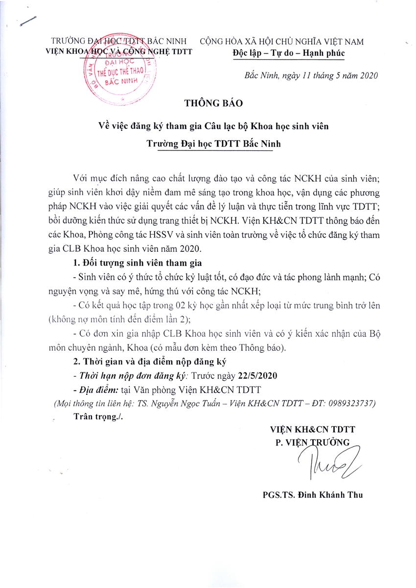 Thông báo về việc đăng ký tham gia Câu lạc bộ Khoa học sinh viên Trường Đại học TDTT Bắc Ninh