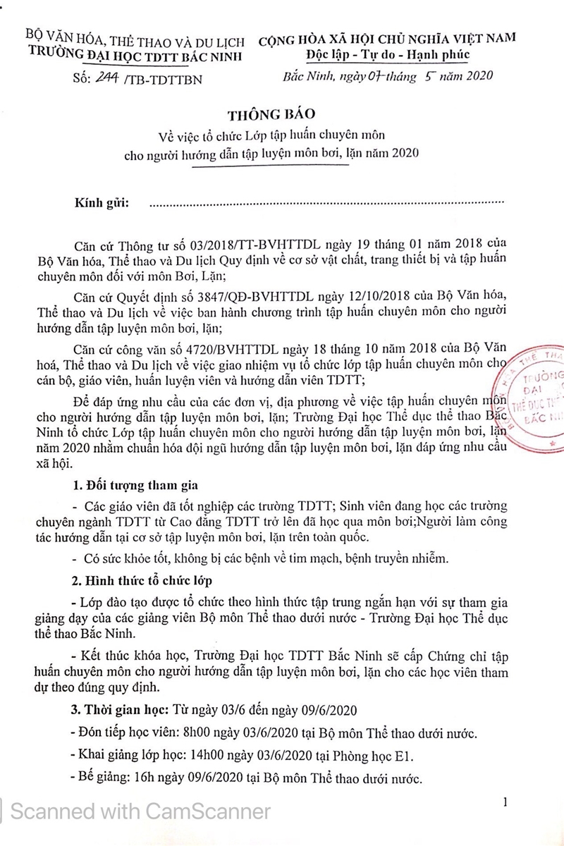 Thông báo về việc tổ chức lớp tập huấn chuyên môn cho người hướng dẫn tập luyện môn bơi, lặn năm 2020