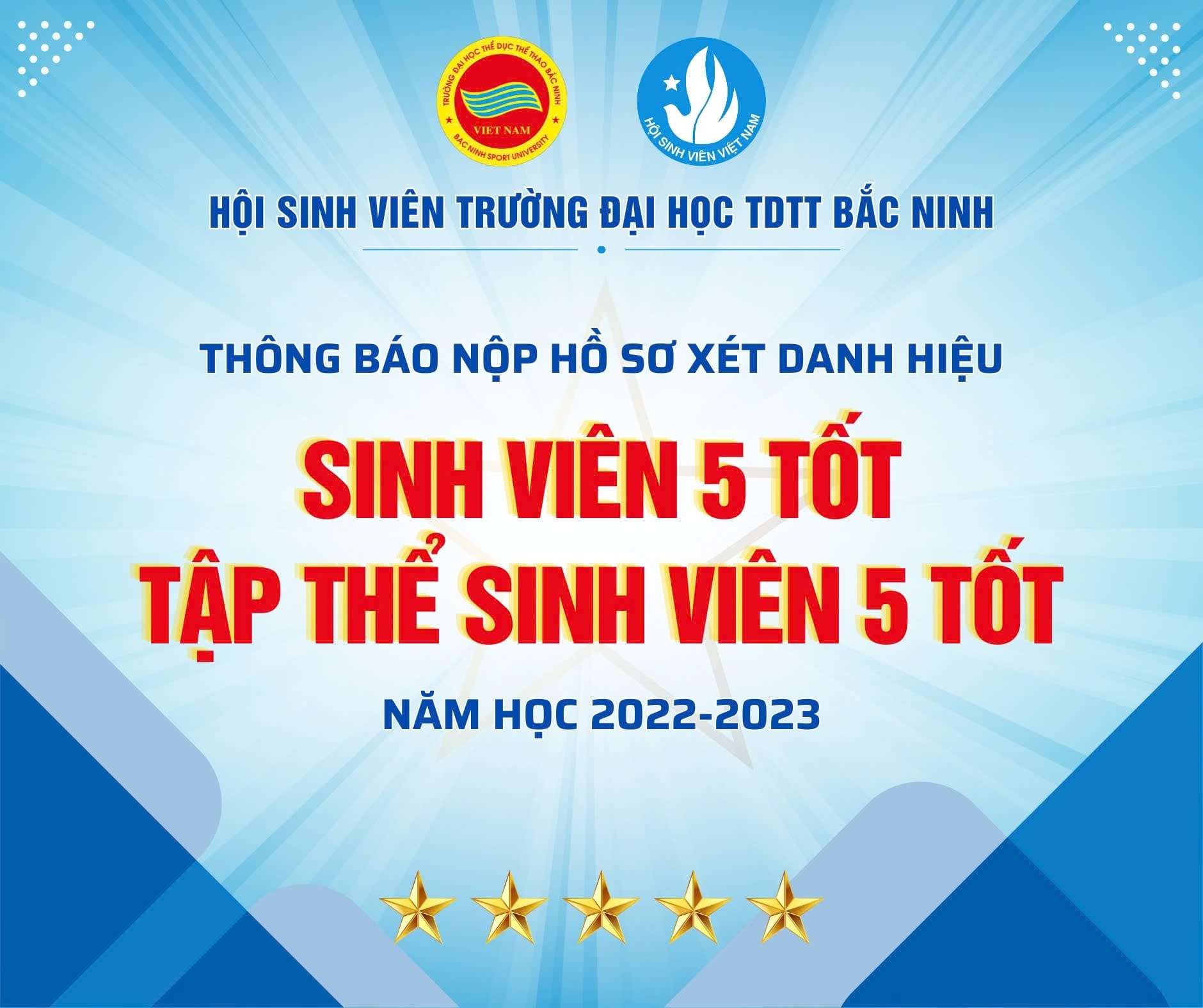 Hội Sinh viên Việt Nam Trường Đại học TDTT Bắc Ninh thông báo việc giới thiệu đề nghị xét chọn danh hiệu Danh hiệu “Sinh viên 5 tốt” tập thể “Sinh viên 5 tốt” và Giải thưởng “Sao Tháng Giêng”, năm học 2023-2024