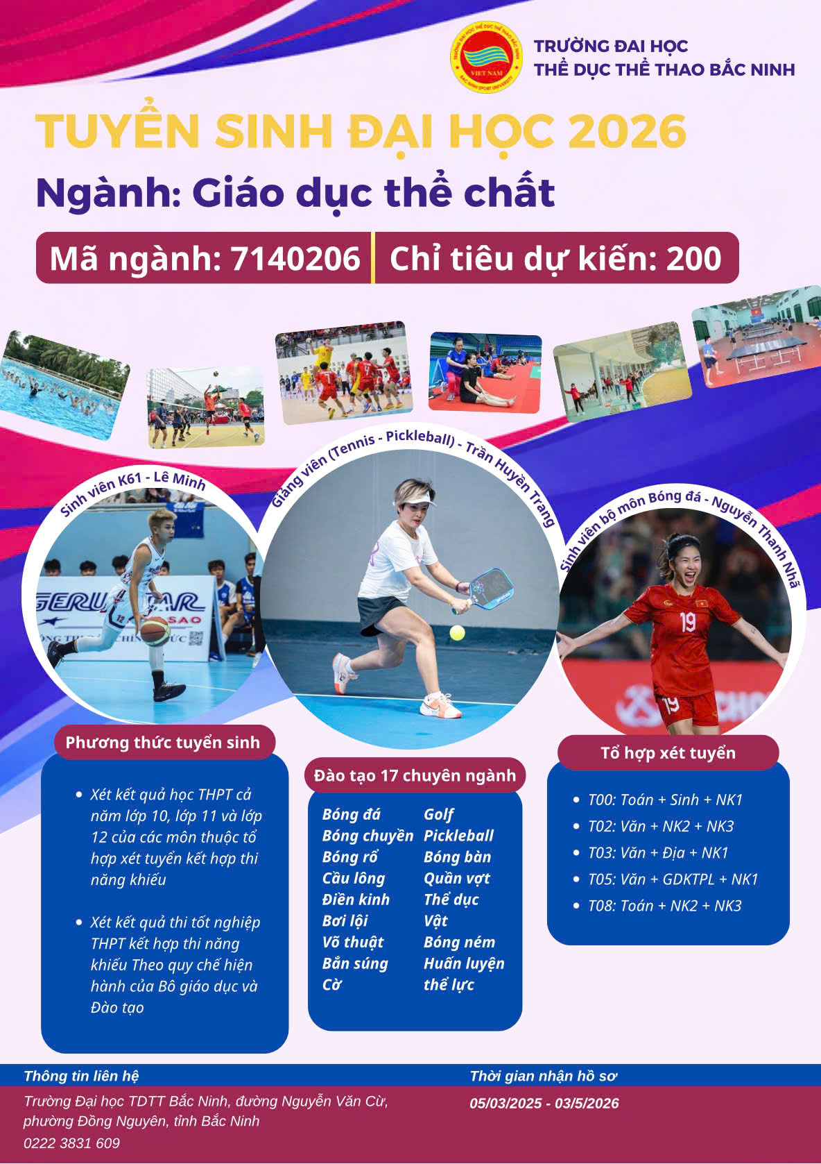 Trường Đại học Thể dục thể thao Bắc Ninh thông báo tuyển sinh các chuyên ngành đào tạo của ngành Giáo dục thể chất năm 2026