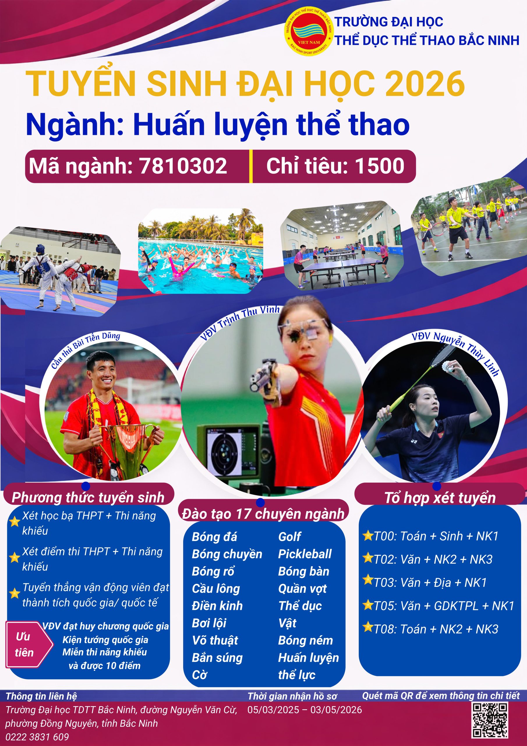 Trường Đại học Thể dục thể thao Bắc Ninh thông báo tuyển sinh các chuyên ngành đào tạo của ngành Huấn luyện thể thao năm 2026